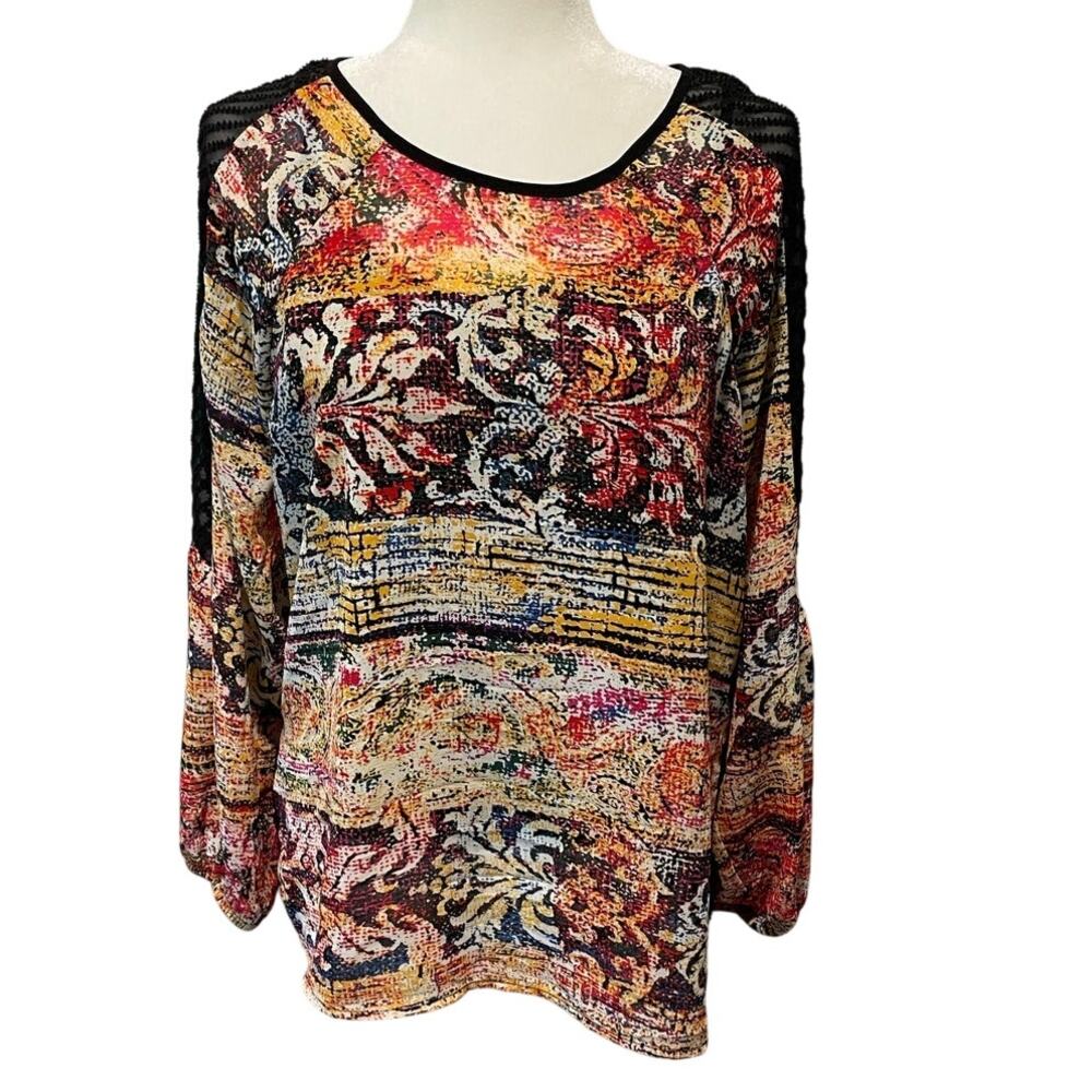 Marc Bouwer Unlimited Blouse Sz M Multicolor Black Sheer Accents Colorful